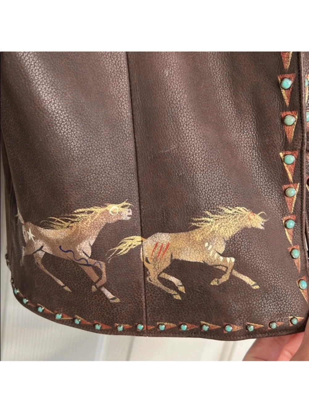 Patricia Wolf hand painted Indian ponies Leather Jacket Turquoise Studs L EUC - Picture 3 of 10
